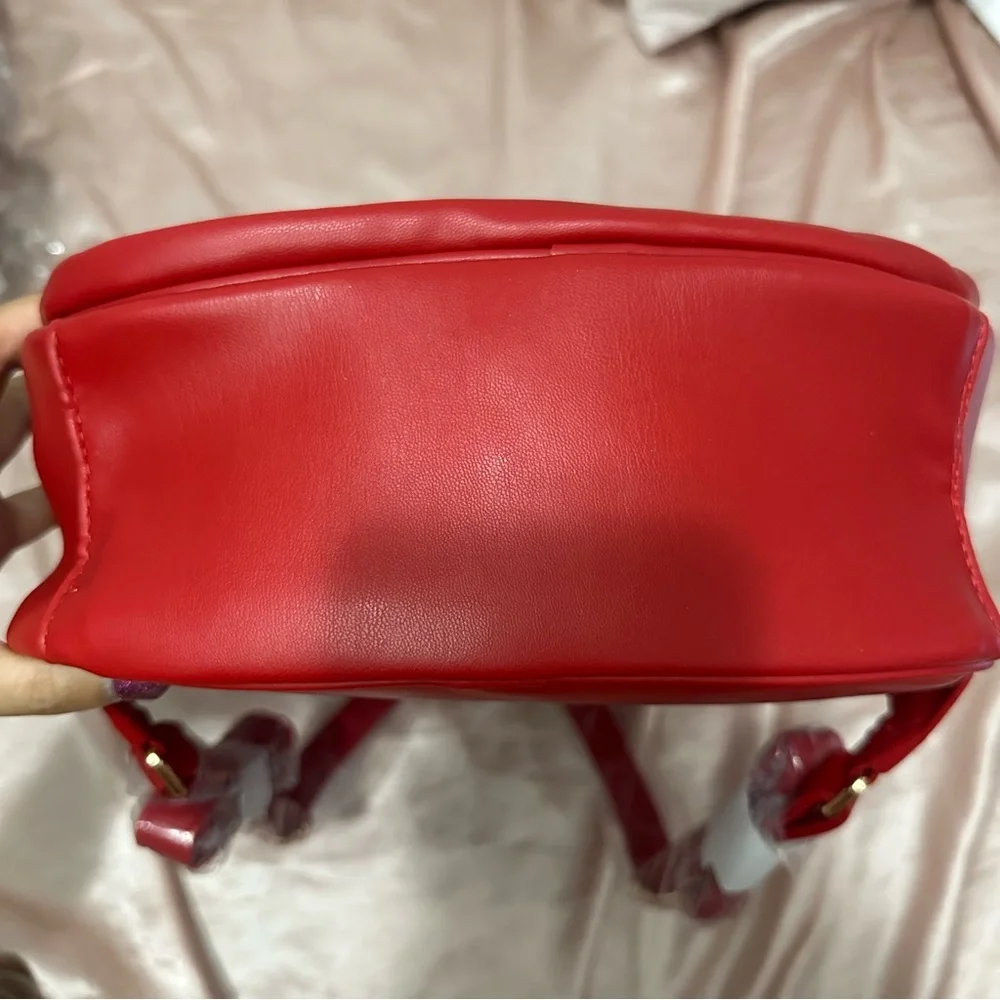 Badgley Mischka Bright Red Vegan Leather Gold Studded Backpack NWT